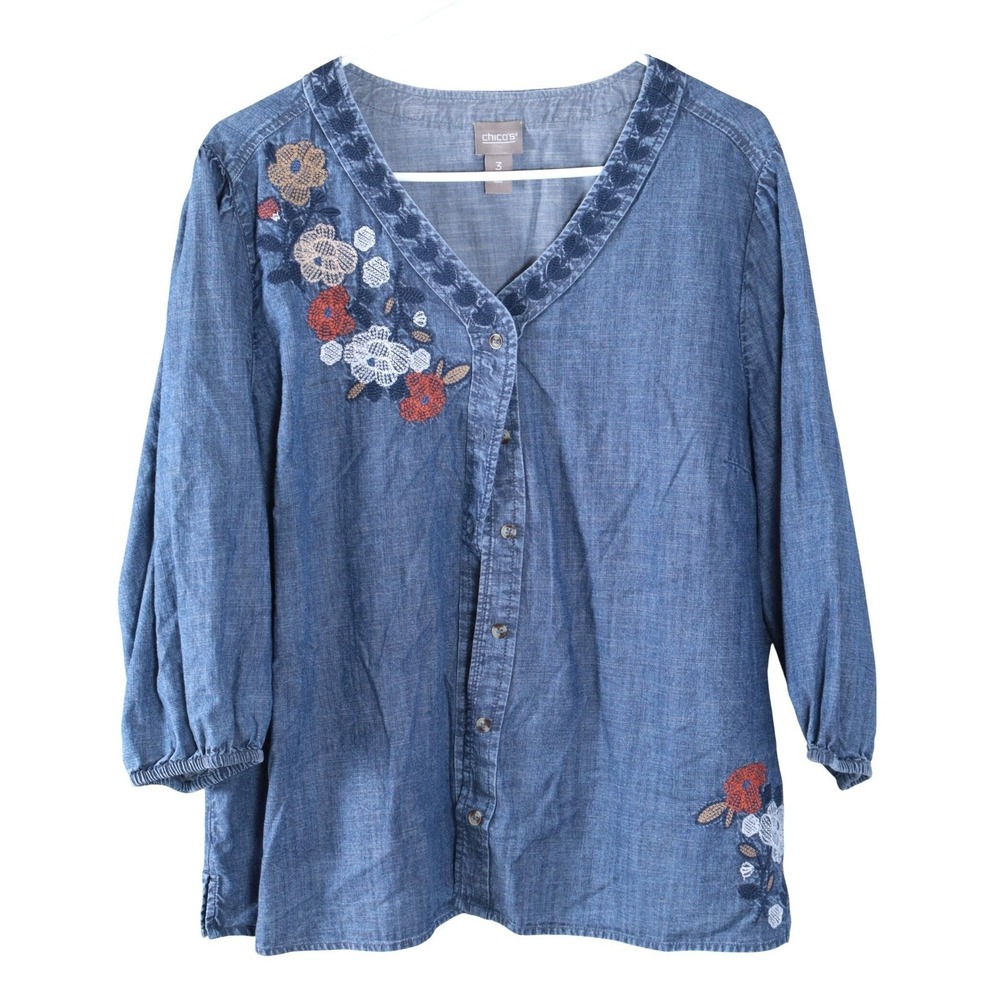 Embroidered Chambray Boho Floral Peasant Blouse Chicos Size 3 - Picture 2 of 8